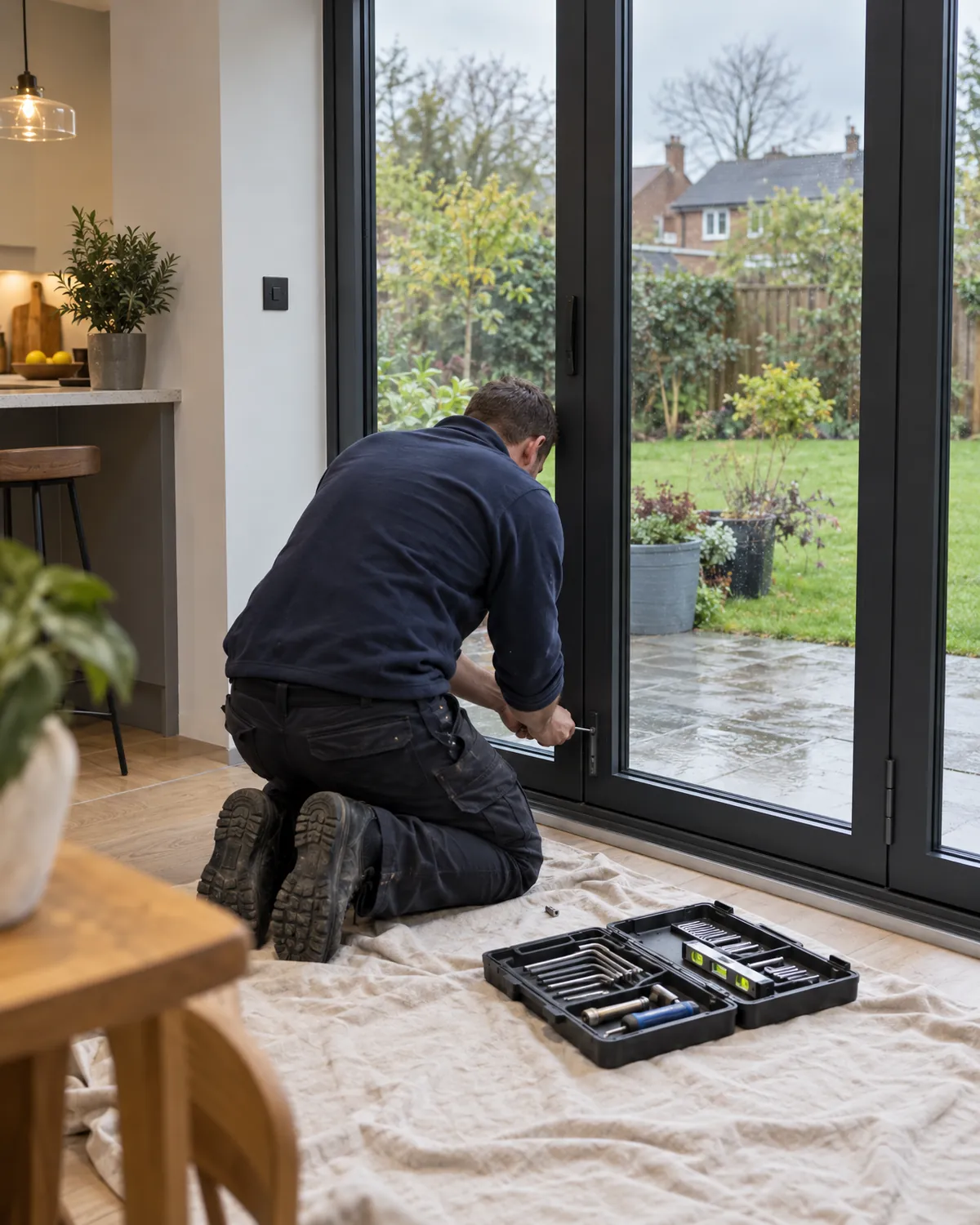Engineer kneeling on a dust sheet adjusting the lower hardware of an anthracite aluminium bifold door in a kitchen extension