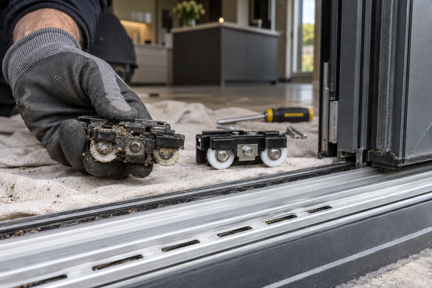 Close-up of a worn bottom roller carriage beside a new one at the base of an aluminium bifold door