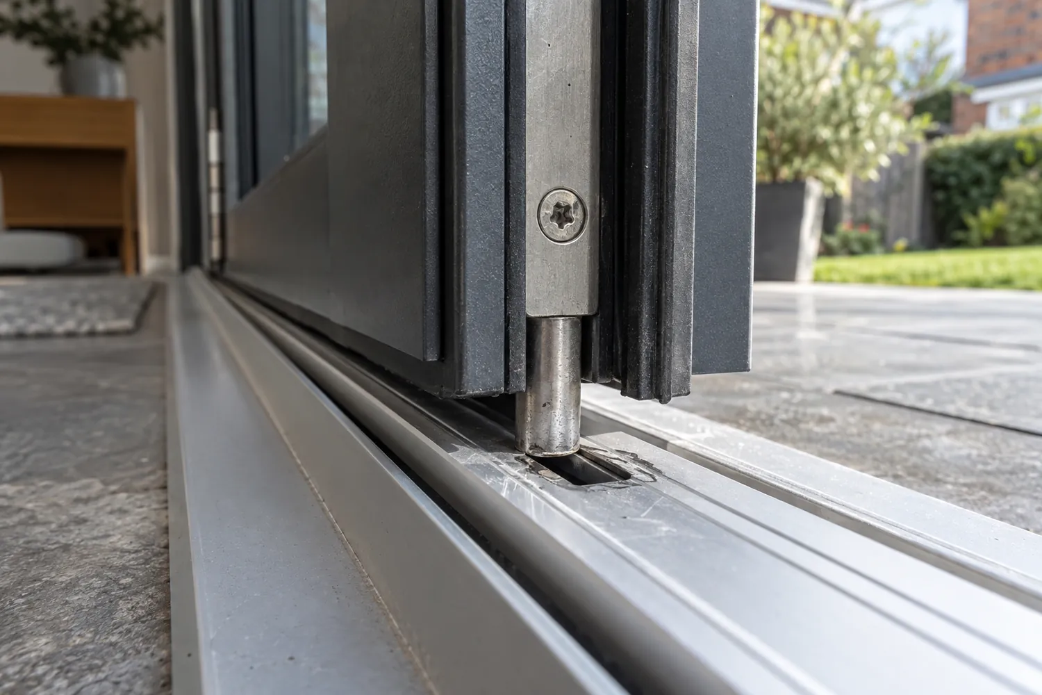 Close-up of a bifold door shootbolt lining up with its keep in the bottom track