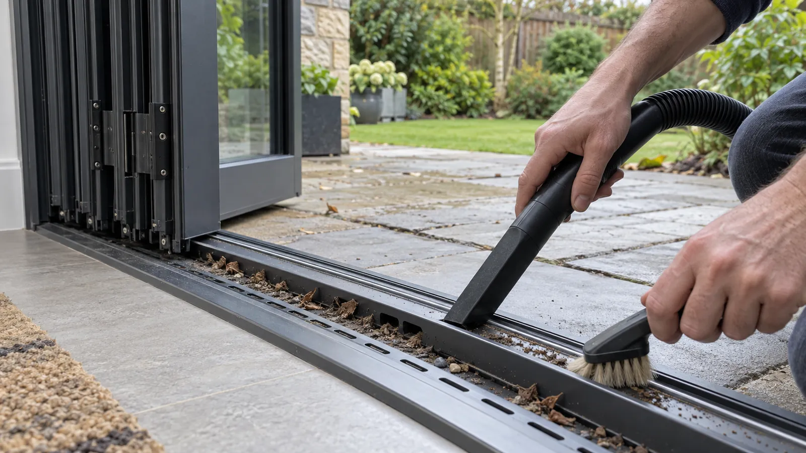 Hand cleaning grit from the bottom track and threshold of an aluminium bifold door with a brush and vacuum nozzle