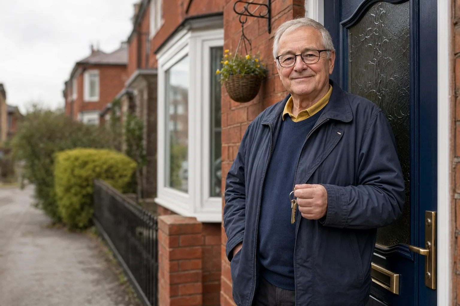 Older homeowner standing by a front door