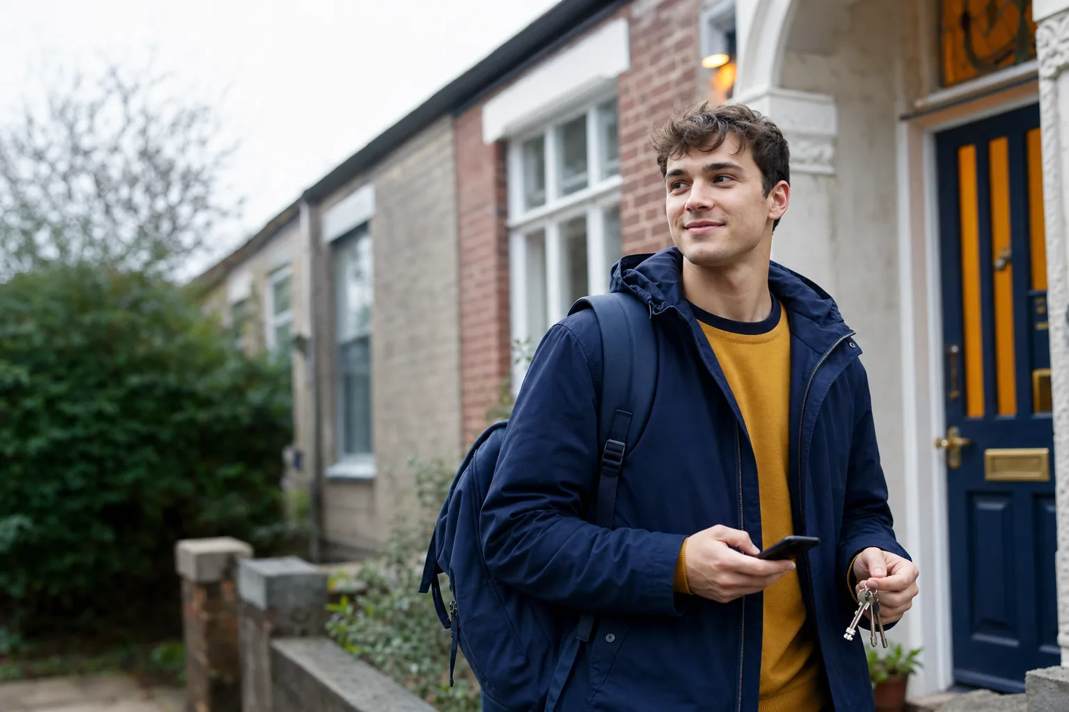 Student standing by a front door in daylight
